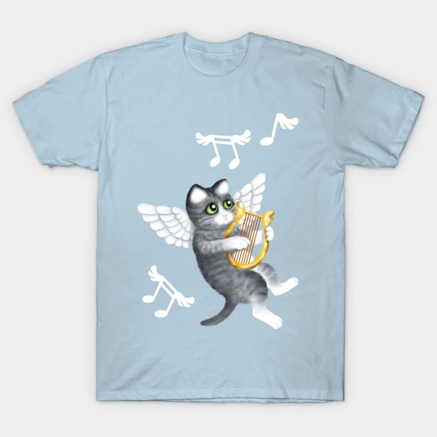 Grey Cherub Kitten Playing a Lyre T-Shirt by illucalliart